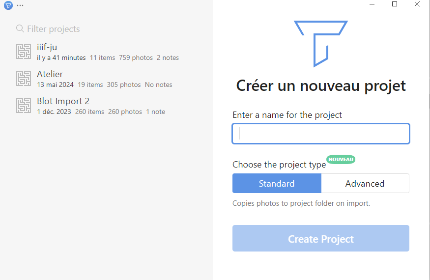 capture de la fenêtre Tropy *Créer un nouveau projet*